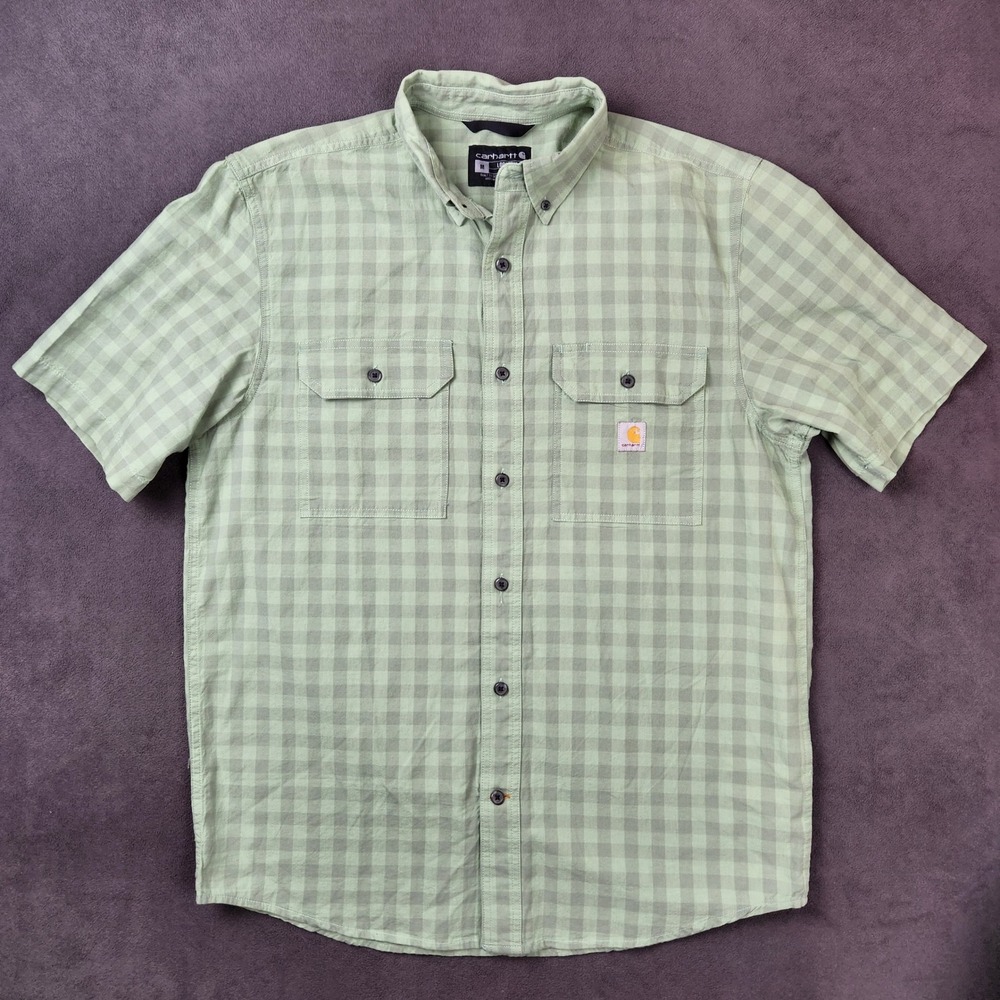 Carhartt Shirt Mens Medium Green Plaid Loose Fit Midweight Short Sleeve‎ Button